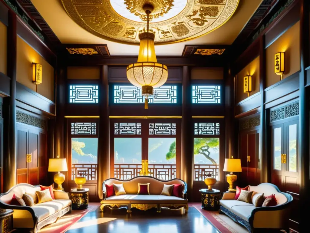 Interior opulento de un palacio real en China, con detalles dorados, tapices de seda y una fusión de lujo moderno