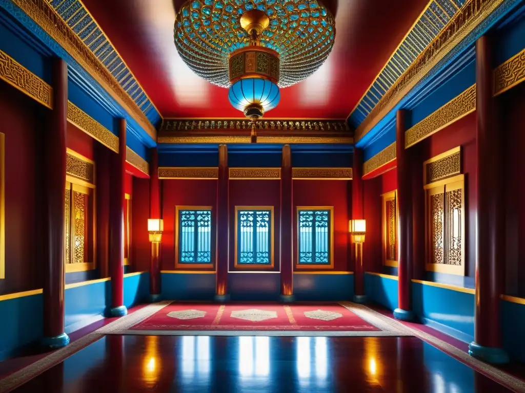 Interior de palacio asiático con psicología del color enriquecida por rojos, dorados y azules, resaltando detalles ornamentales y texturas históricas