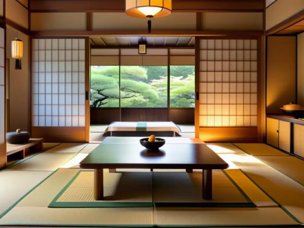 Interior de ryokan japonés con tatamis y elegante mobiliario de madera, bañado en cálida luz natural