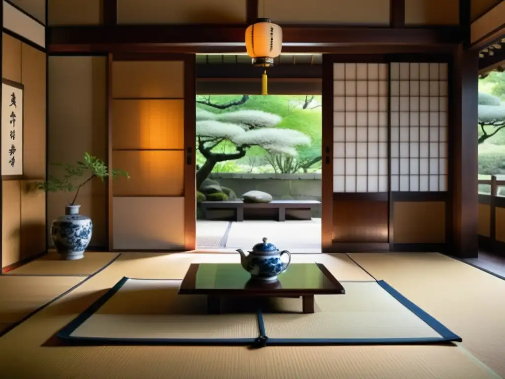 Interior sereno de una casa de té japonesa con arte asiático antiguo que evoca tranquilidad y reverencia por la antigüedad