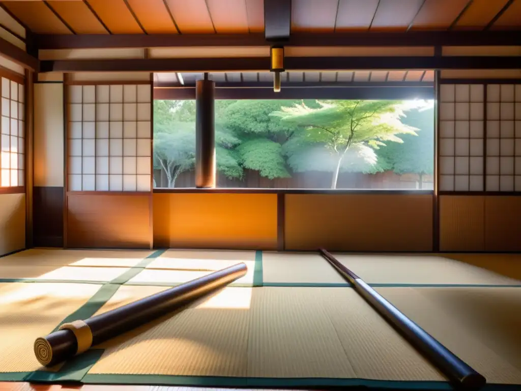 Interior sereno de un dojo japonés con armas de entrenamiento de madera y maestro guiando a estudiantes en Búsqueda de la Iluminación Artes Marciales