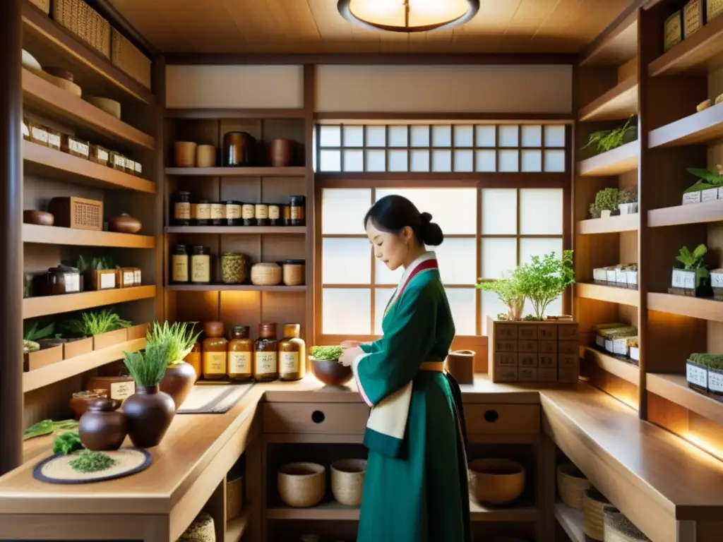 Interior de una tienda de medicina tradicional coreana con hierbas y ingredientes medicinales