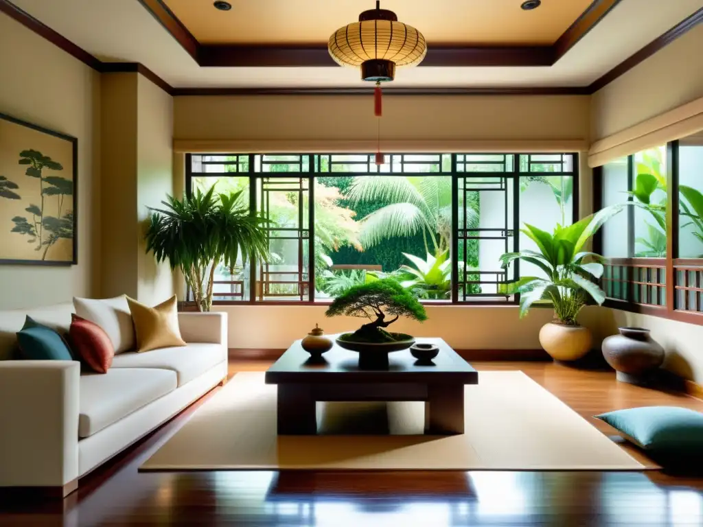 Interior tradicional asiático con elementos de Feng Shui en equilibrio y serenidad, con mobiliario elegante y decoración armoniosa