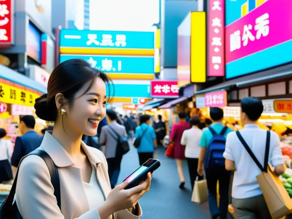 Un intérprete de bolsillo AI facilita la comunicación entre un viajero y un vendedor en un animado mercado callejero de Tokio, mostrando la convergencia de la tecnología y el intercambio cultural en un ambiente urbano vibrante