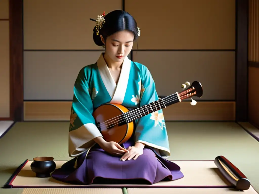 Un intérprete de shamisen japonés en kimono vibrante, concentrado, sentado en tatami