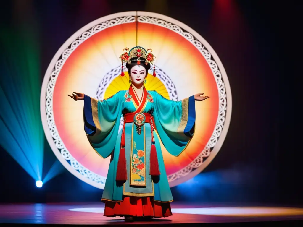 Un intérprete de ópera china tradicional cautiva al público con una actuación dinámica y emocional en un escenario digital de alta tecnología