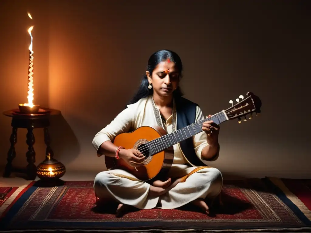 Un intérprete de sitar toca con pasión e improvisación en la música clásica india, rodeado de luz de velas en una habitación íntima