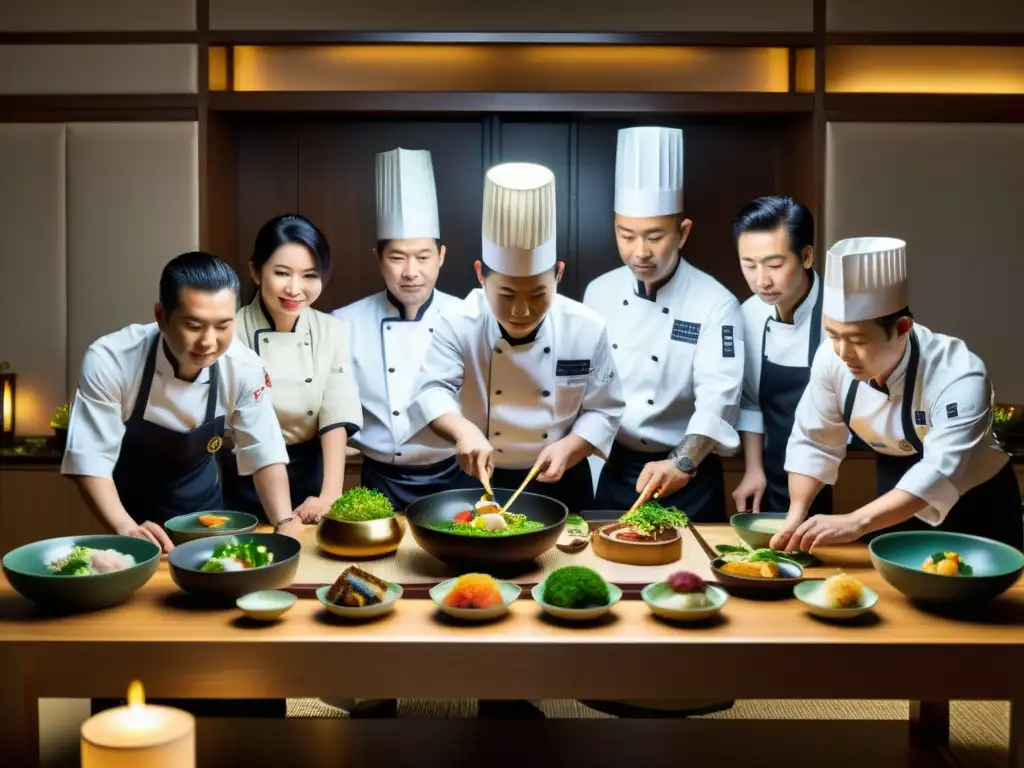 Un íntimo encuentro con chefs estrella asiáticos preparando un exquisito menú kaiseki