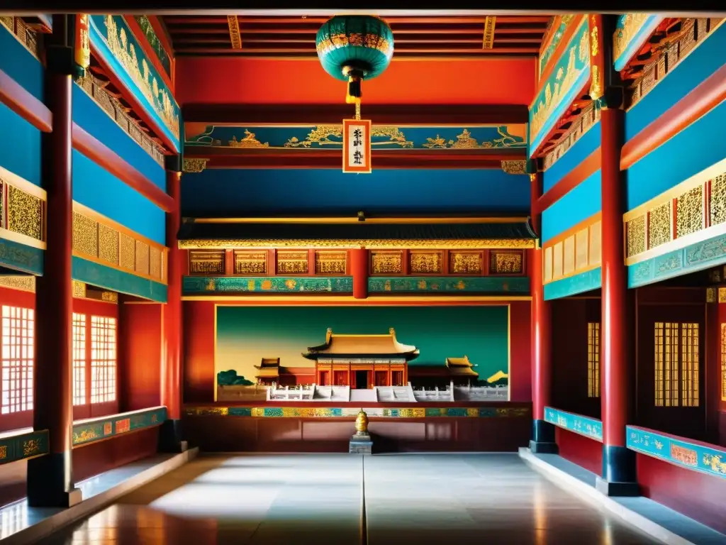 Intrigas palaciegas en dinastías chinas: Un palacio imperial detallado, con carvings y pinturas coloridas