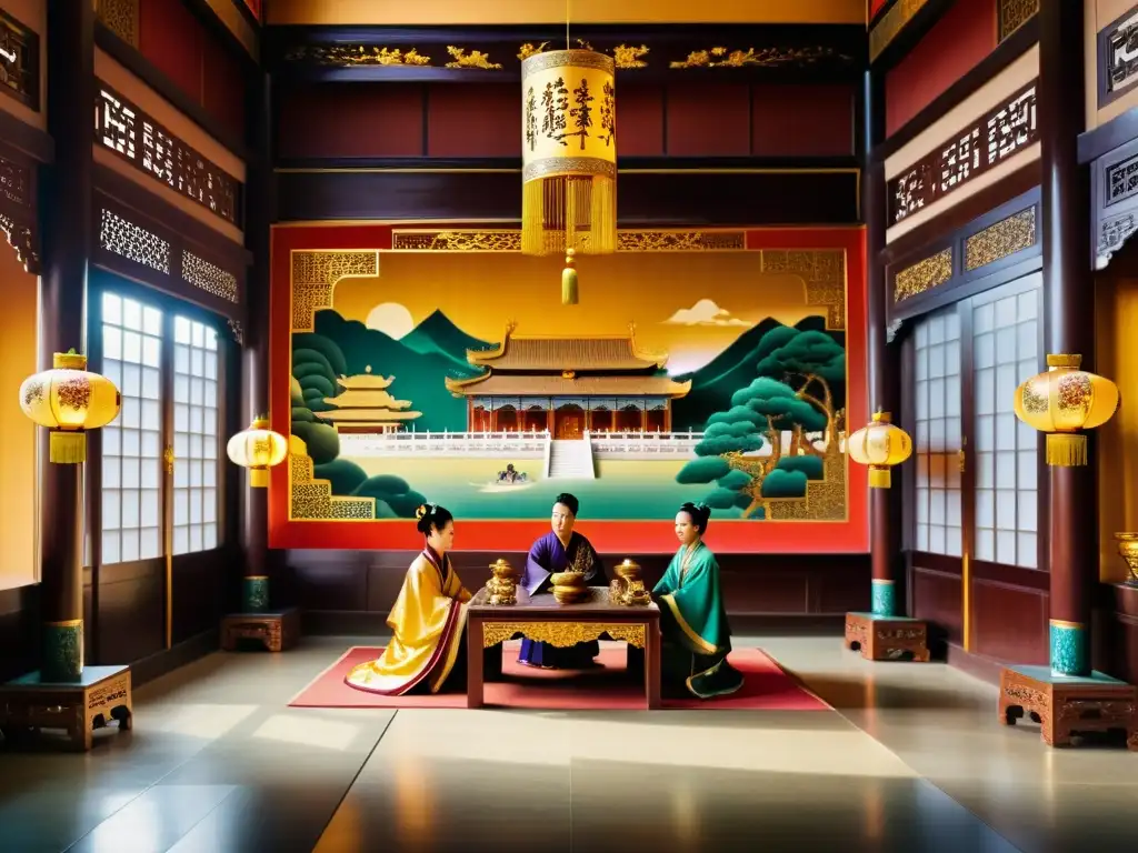 Intrigas palaciegas en dinastías chinas: detallada imagen de un lujoso palacio chino, con elaborados diseños en oro, tapices de seda y figuras intrigantes bajo la suave luz de las linternas