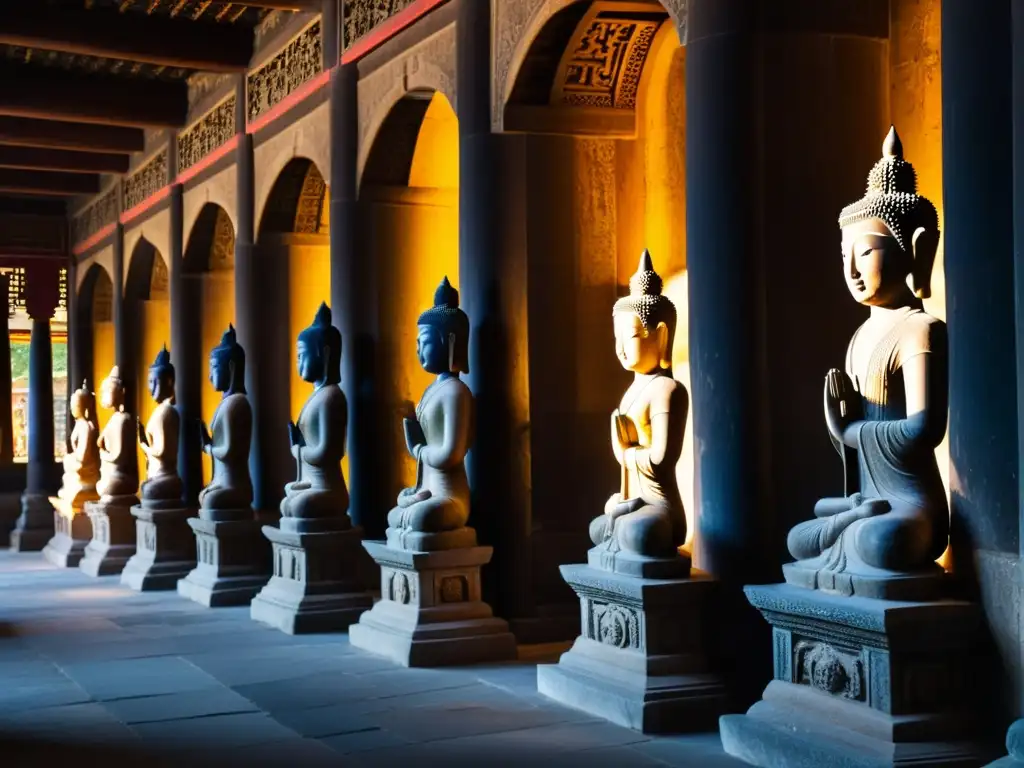 Intrincadas estatuas budistas de piedra en templo antiguo iluminado, evocando la adaptación del Budismo en China en la dinastía Ming