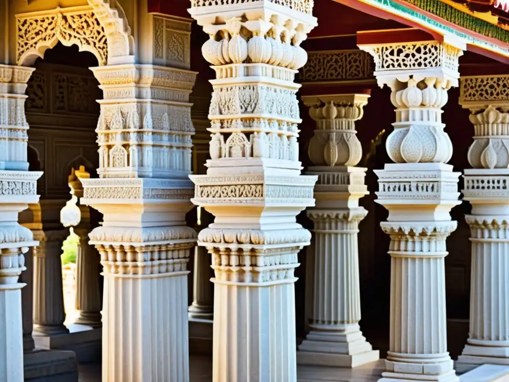 Intrincadas tallas en mármol y pilares ornamentados del Templo Dilwara en Mount Abu, India