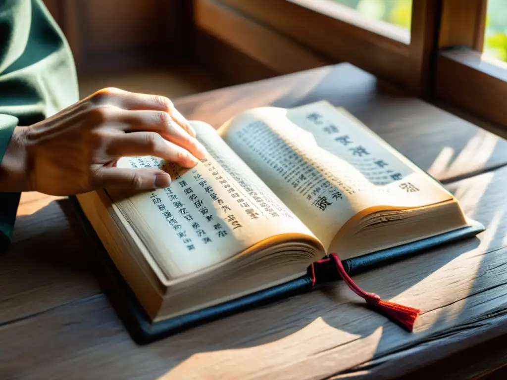 Inversión inspirada en I Ching: Viejo libro chino abierto en mesa de madera, manos sabias pasan páginas con reverencia, iluminado por luz natural