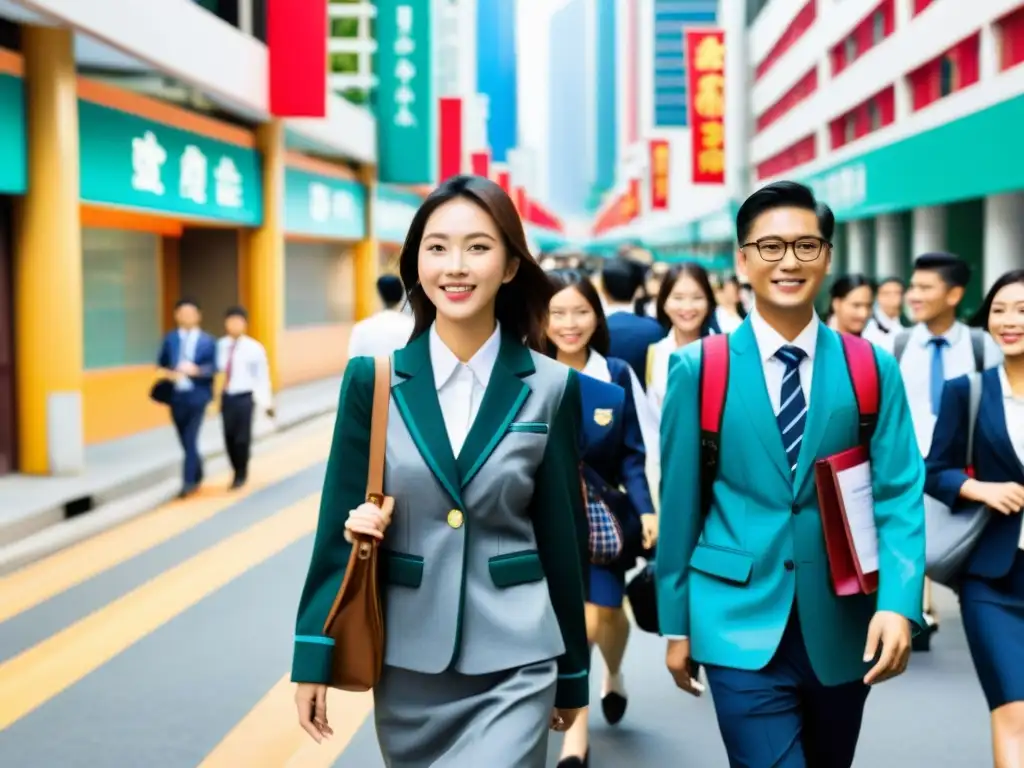 Inversiones educativas en Asia: una calle bulliciosa en una vibrante ciudad asiática, con instituciones educativas modernas y edificios tradicionales juntos