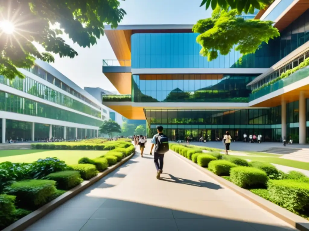 Inversiones educativas en Asia: Campus universitario bullicioso con arquitectura moderna, vegetación exuberante y estudiantes en movimiento