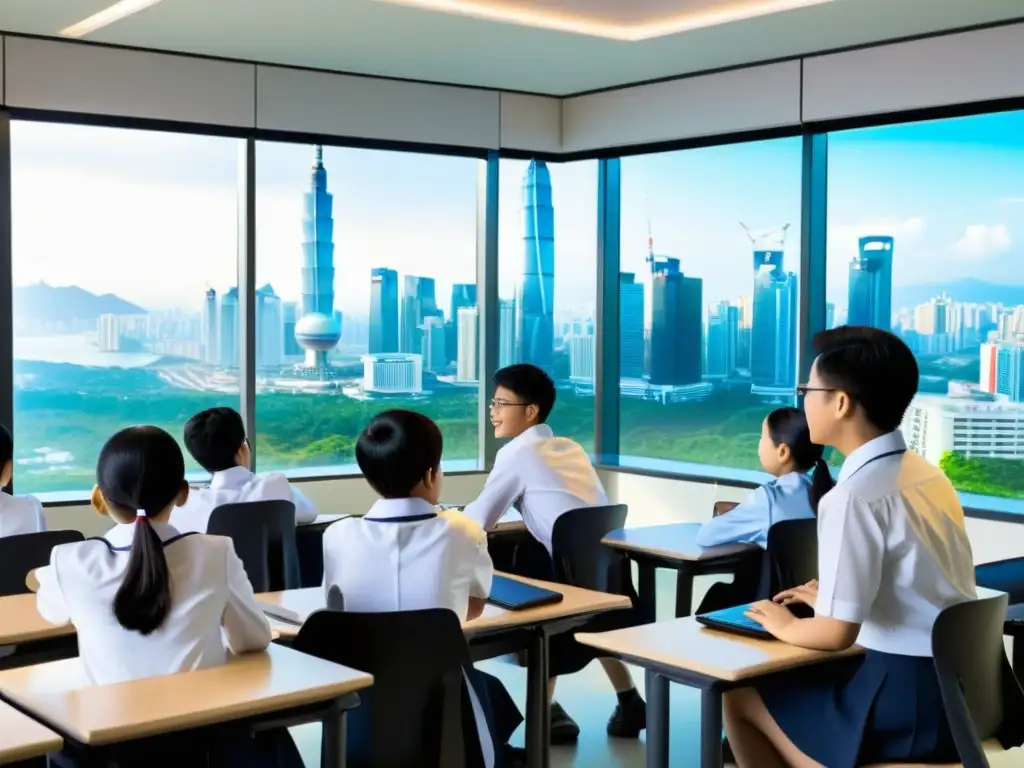 Inversiones educativas en Asia: Estudiantes comprometidos en aula tecnológica, con vista a ciudad moderna