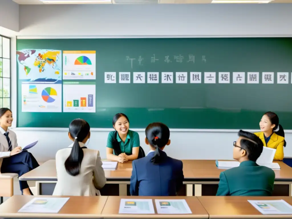 Inversiones educativas en Asia: Profesor y estudiantes participan animadamente en aula moderna y luminosa, reflejo del dinámico entorno educativo en Asia