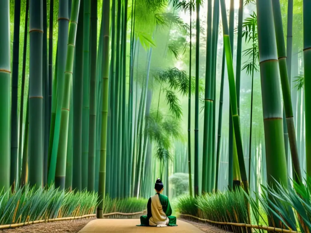 Inversiones seguras inspiradas en filosofía oriental: figura solitaria meditando en un bosque de bambú, transmitiendo tranquilidad y sabiduría atemporal