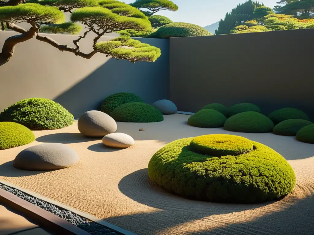 Inversiones seguras inspiradas en filosofía oriental: Jardín japonés sereno con rocas, bonsáis y luz de tarde