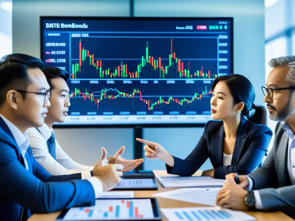 Inversionistas globales analizan detalladamente bonos asiáticos, con intensidad y enfoque en moderna oficina