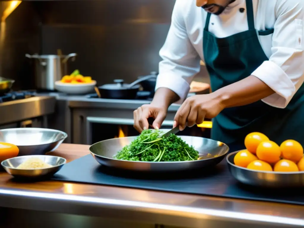 Gastronomía en el Jainismo: Un chef jainista prepara una comida tradicional con técnicas éticas y espirituales en un ambiente sereno y armonioso