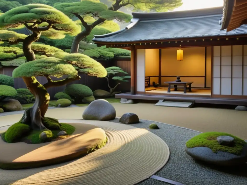 Jardín zen japonés antiguo con bonsáis, casa de té y atmósfera de filosofía oriental diálogo interreligioso al amanecer