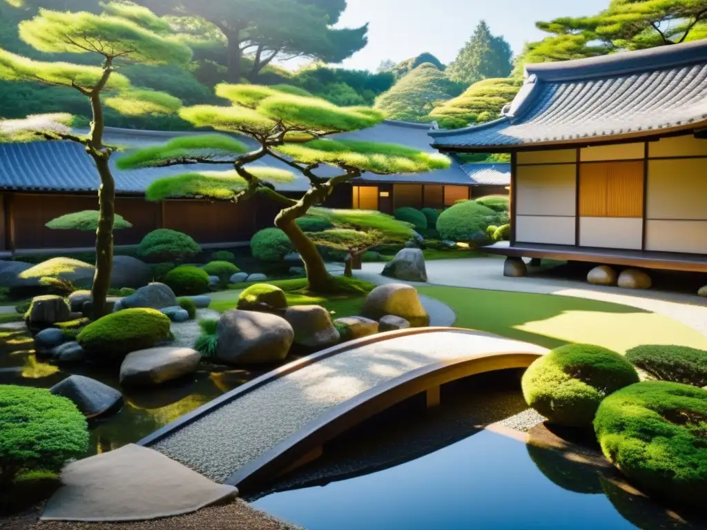 Un jardín japonés antiguo y sereno con un dojo en armonía, transmitiendo una sensación de tranquilidad y significado cultural