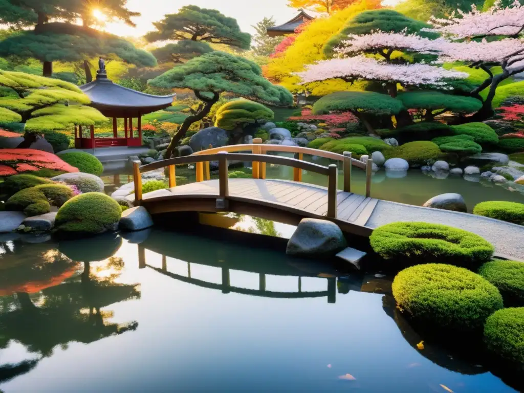 Un jardín japonés antiguo y sereno con koi, un puente de madera y pagoda entre cerezos en flor, evocando la filosofía de la impermanencia asiática