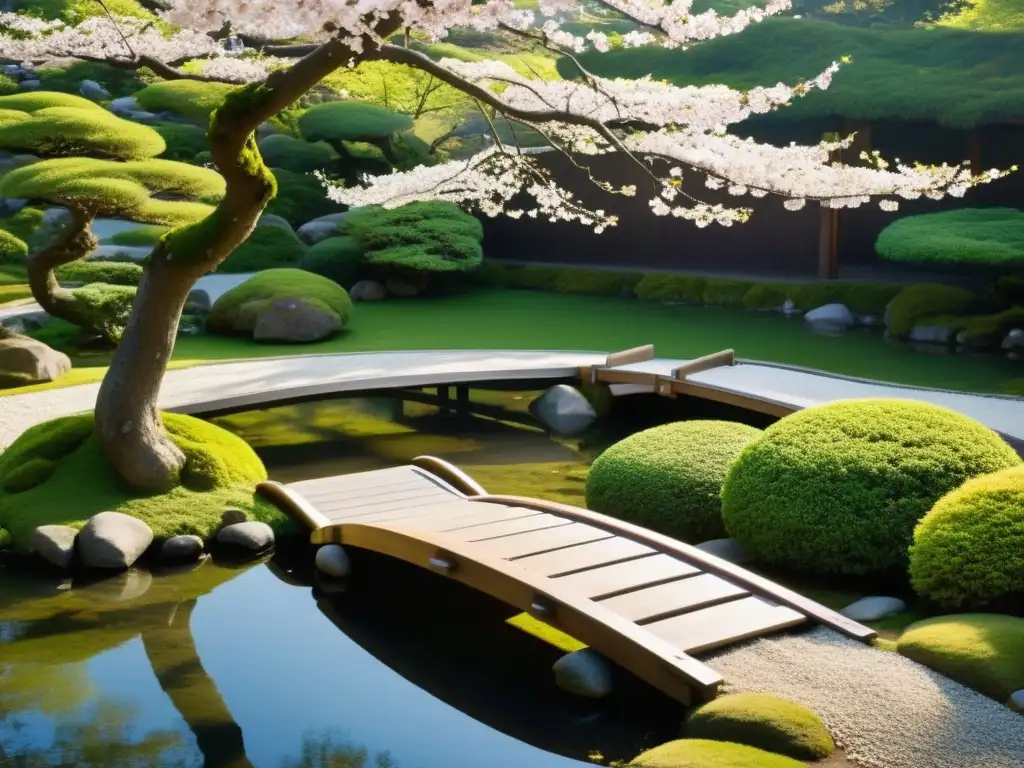 Jardín zen japonés con árboles podados, puente de madera y estanque sereno