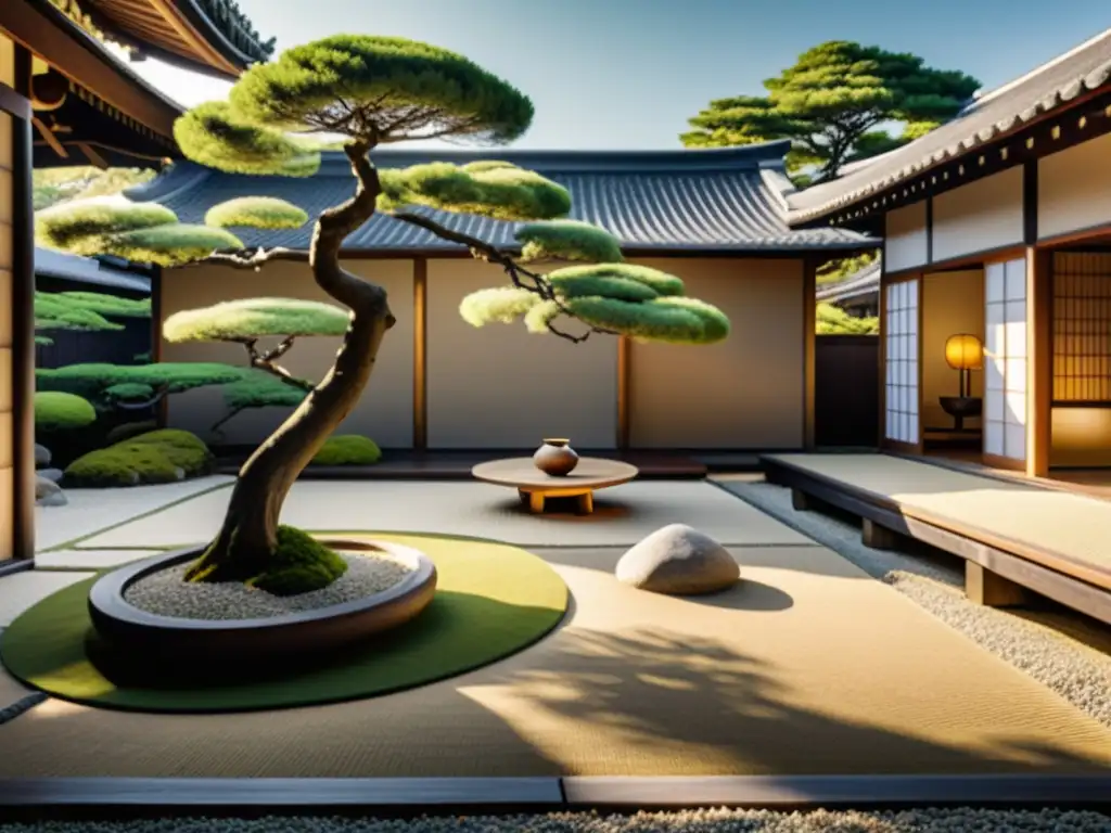 Jardín Zen japonés con arquitectura tradicional y árboles podados, reflejando la filosofía oriental de interconexión de todas las cosas