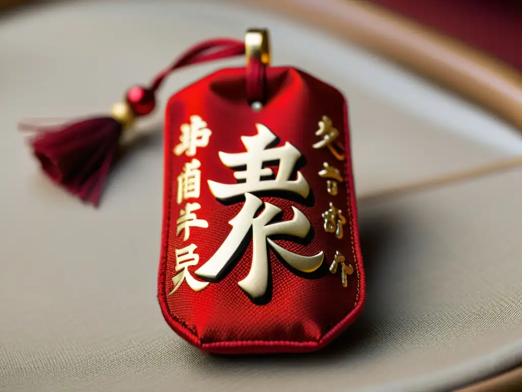 Omamori japonés artesanal con kanji en vibrante rojo y dorado, simboliza protección y buena suerte en rituales japoneses para superar mala suerte