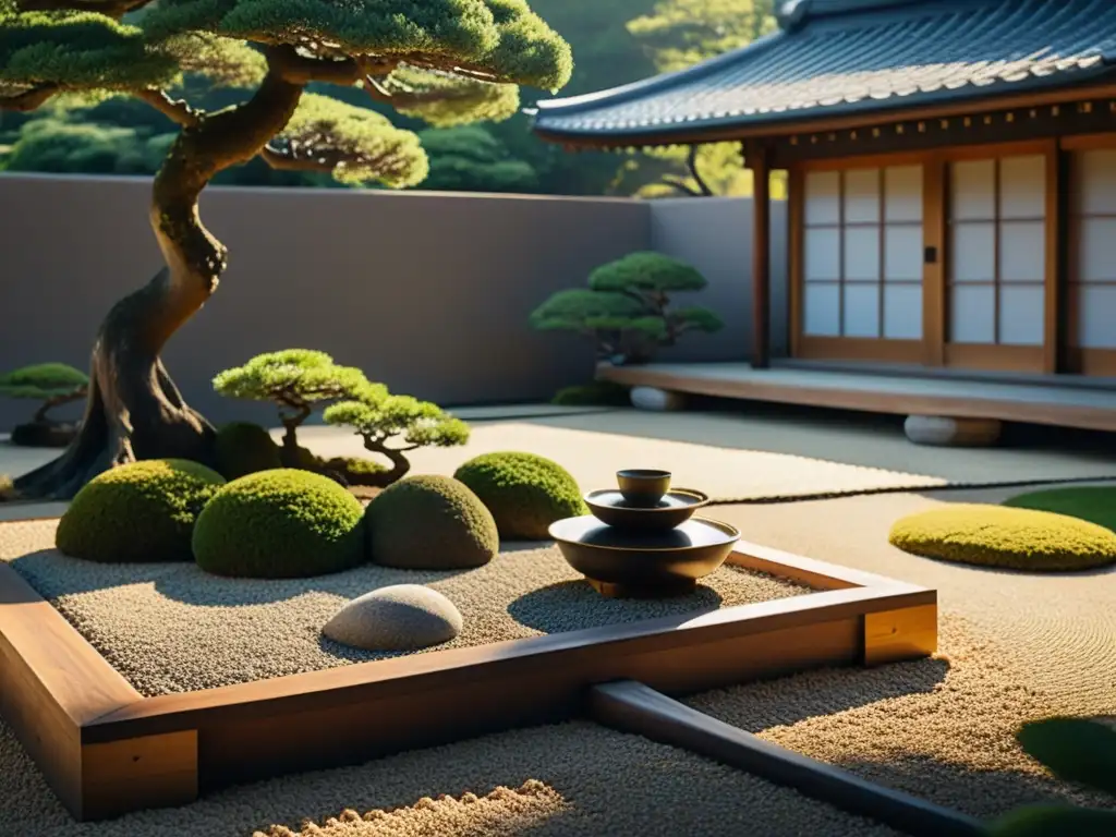 Jardín japonés con bonsáis y casa de té de madera, aplicando la filosofía oriental de serenidad y tranquilidad al atardecer