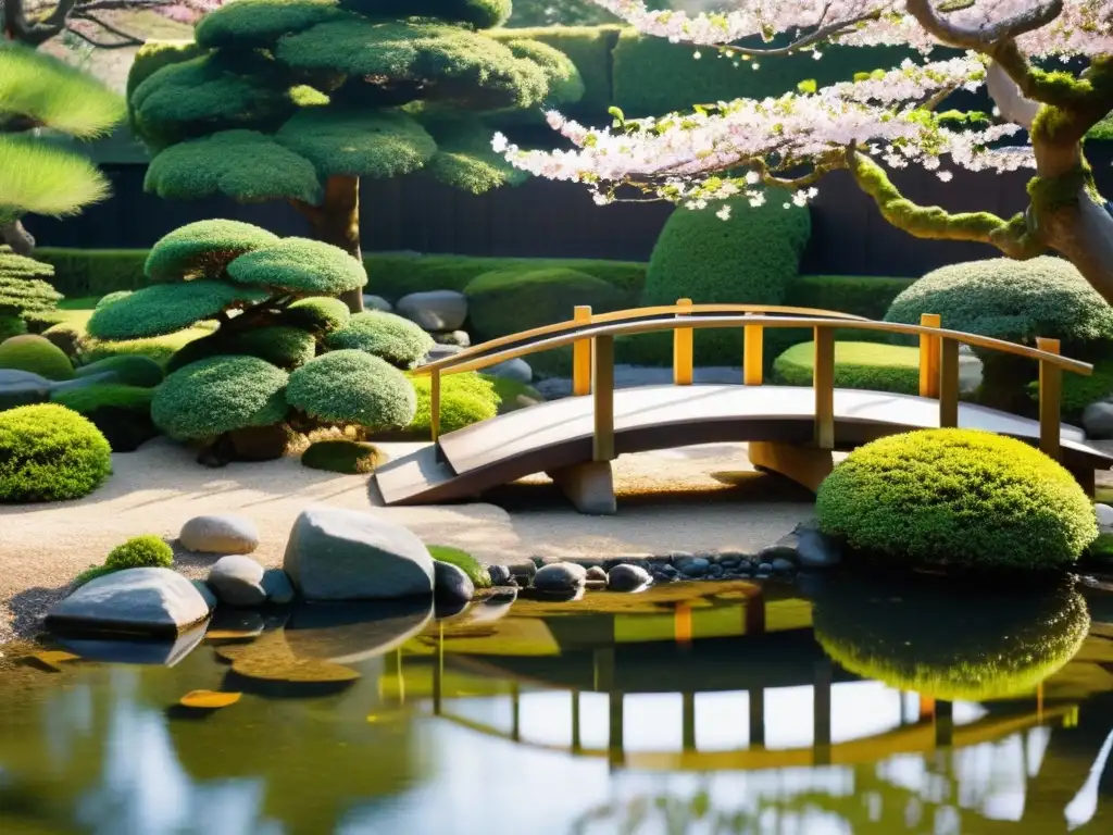 Jardín japonés con bonsáis, cerezos, koi y cascada