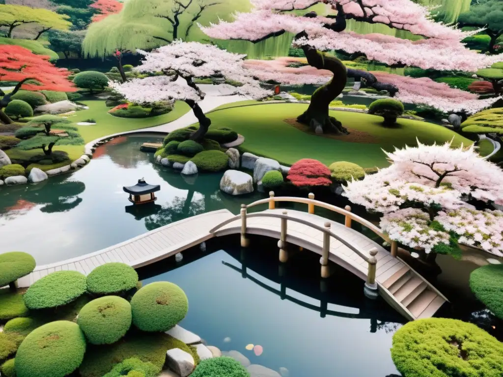 Jardín japonés con bonsáis, pagoda y cerezos en flor, reflejo de la filosofía asiática inversión cripto