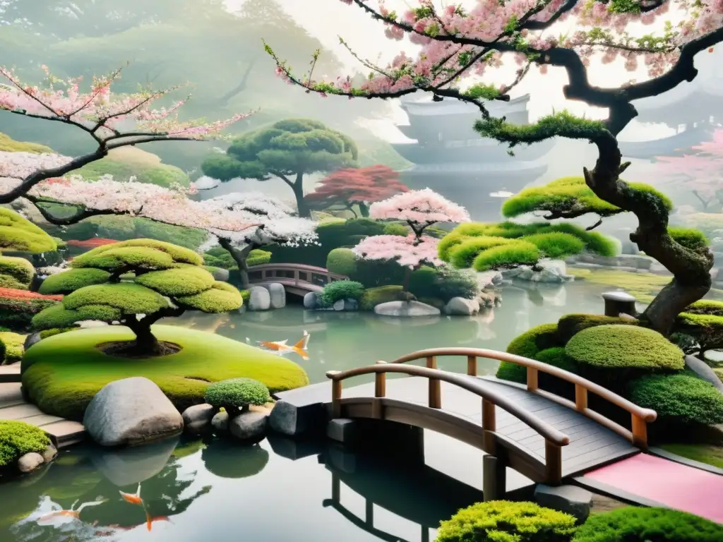 Jardín japonés con bonsáis, estanque de koi, puente de madera y árboles de cerezo en flor