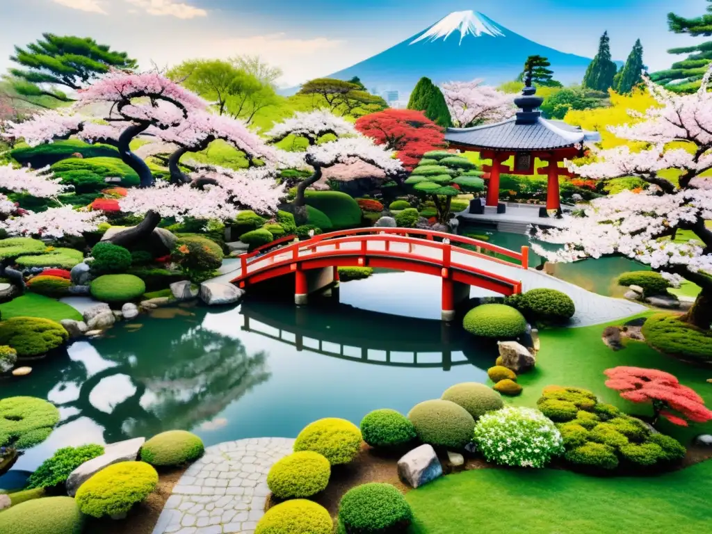 Jardín japonés con bonsáis, koi, puente rojo y templo pagoda, influencia arquitectura asiática contemporánea