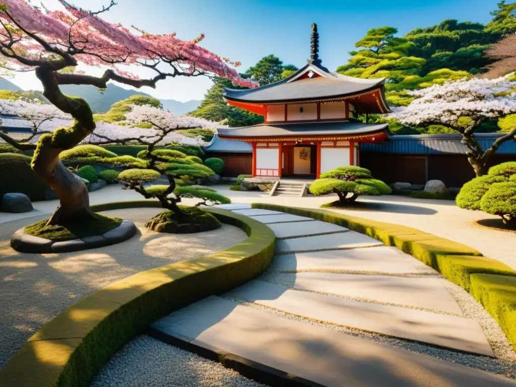 Jardín japonés con camino de piedra, bonsáis, pagoda y luz suave