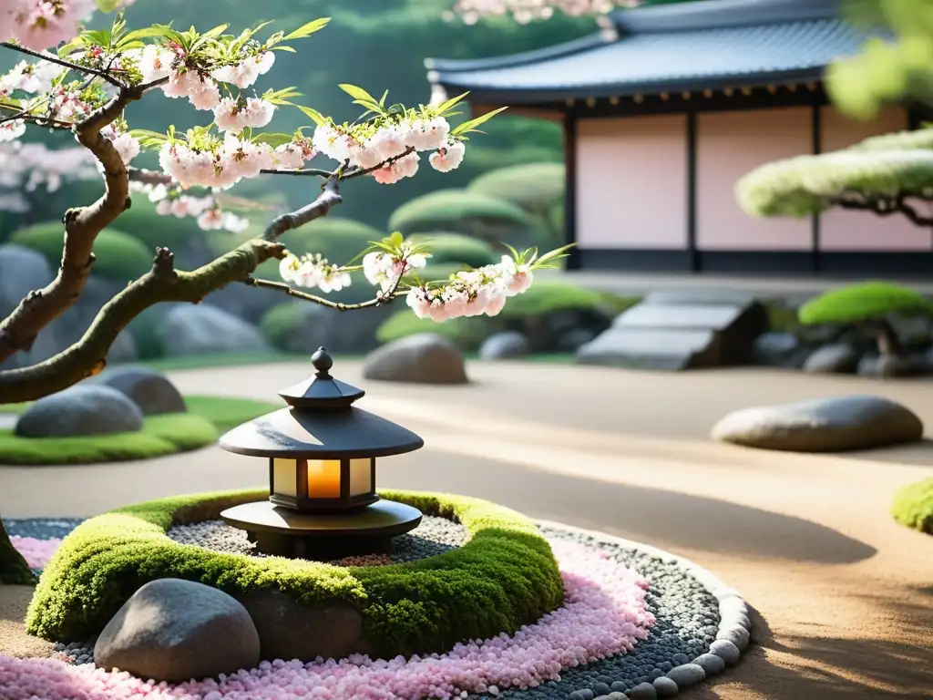 Jardín zen japonés con cerezo en flor, luz suave y espiritualidad asiática en la sociedad