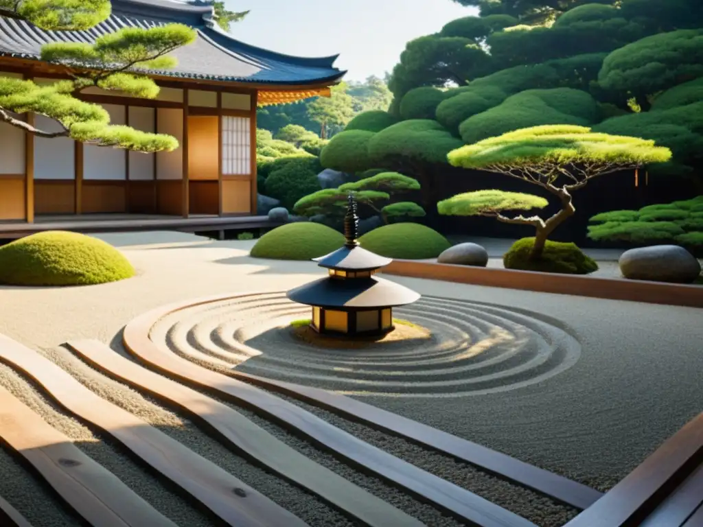 Un jardín zen japonés meticulosamente diseñado con grava rastrillada, rocas y vegetación