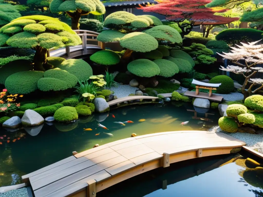 Un jardín japonés meticulosamente diseñado, con influencia del arte tradicional japonés, exudando tranquilidad y belleza atemporal