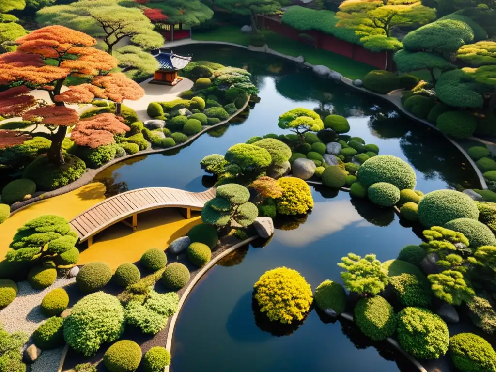 Jardín japonés con diseño paisajístico significativo, puentes de madera arqueados, estanques con koi y bonsáis