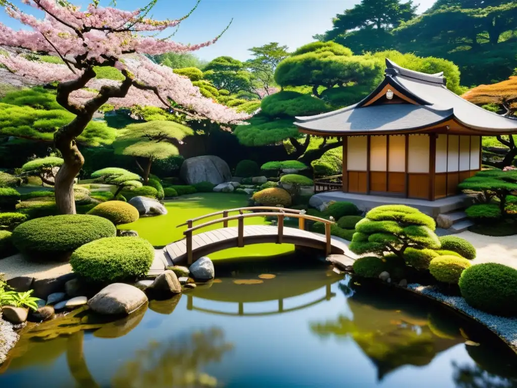 Un jardín japonés exuberante con un teahouse tradicional entre cerezos en flor y senderos de grava