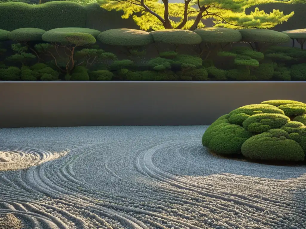 Un jardín zen japonés con grava rastrillada, piedras cubiertas de musgo y árboles podados