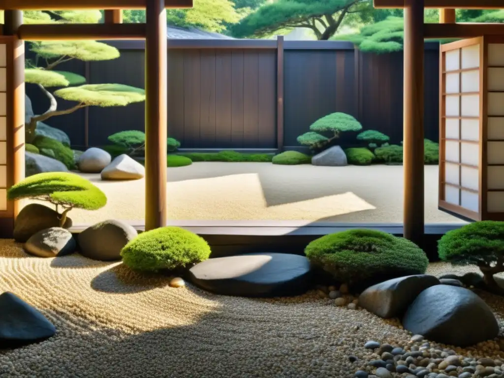 Jardín zen japonés con gravilla cuidadosamente rastrillada, rodeado de vegetación exuberante y enmarcado por una puerta de madera tradicional