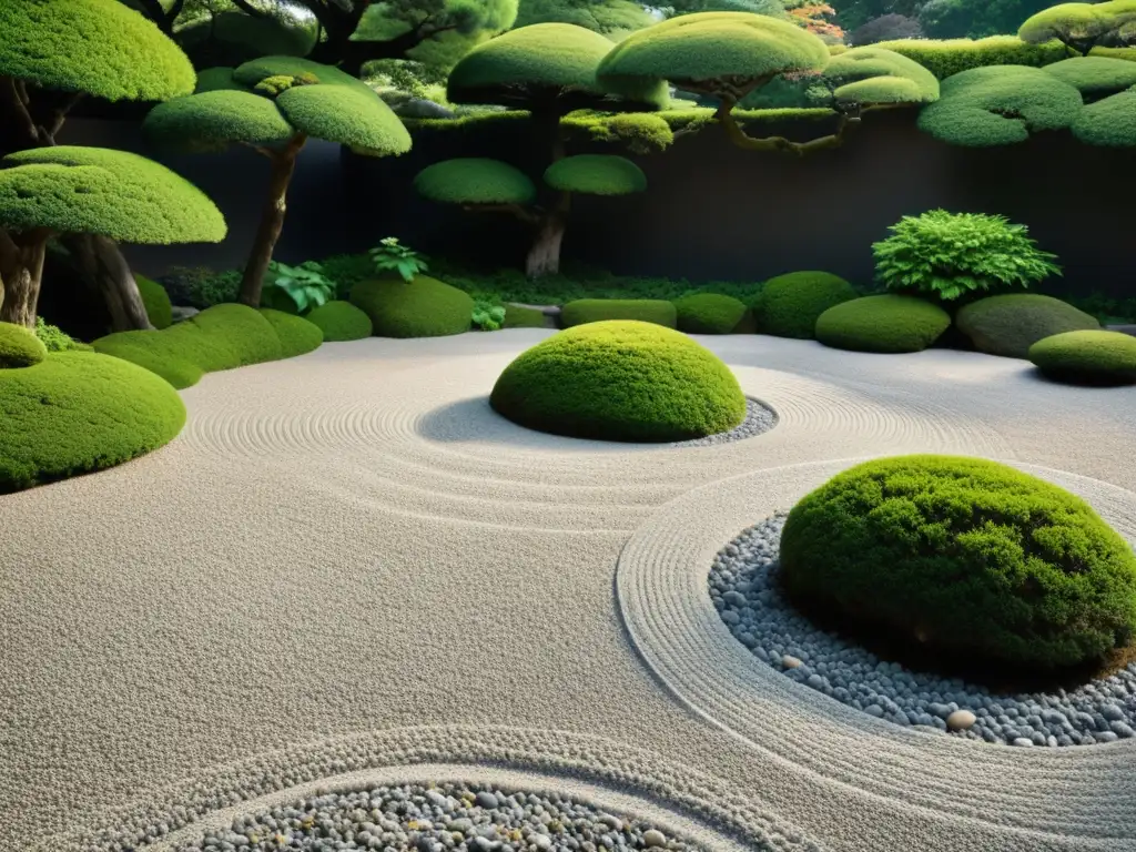 Jardín japonés con influencia samurai, meticulosa atención al detalle, equilibrio y tranquilidad en la composición