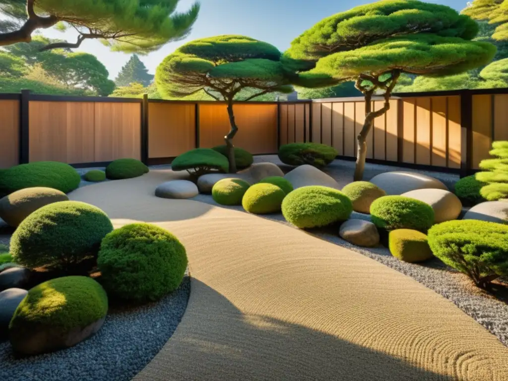 Jardín japonés meticuloso con estética del arte japonés contemporáneo, patrones de grava y árboles podados, rodeado de vegetación exuberante