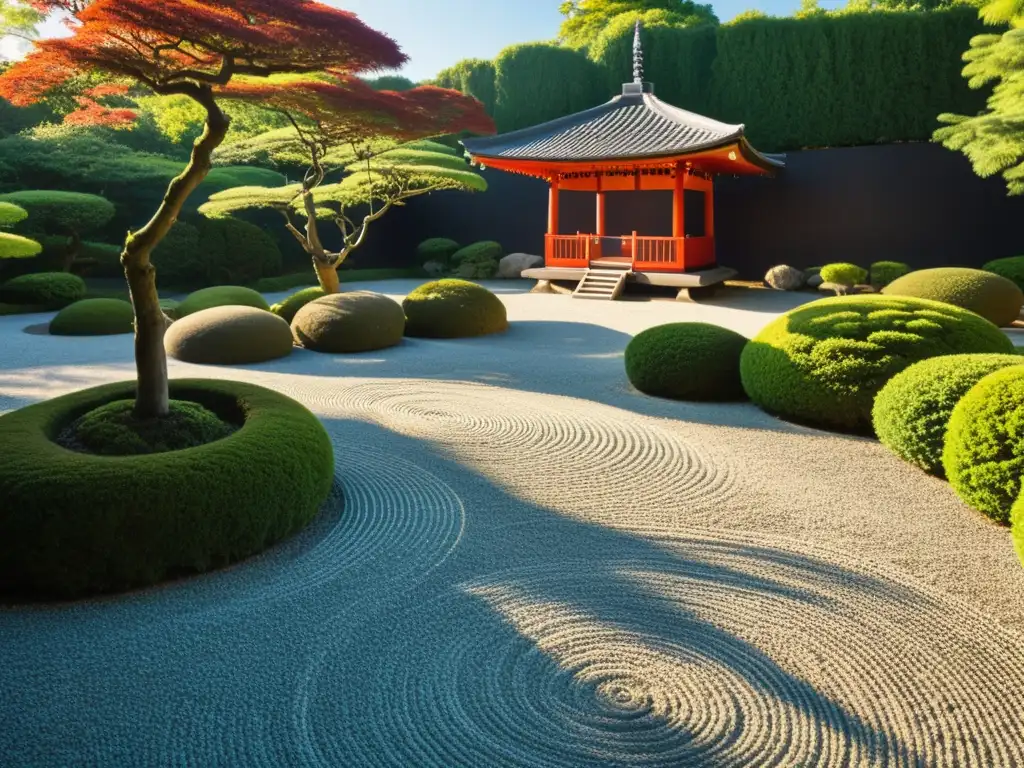 Jardín japonés con filosofía oriental: patrones de rocas y pagoda roja bajo el cielo azul