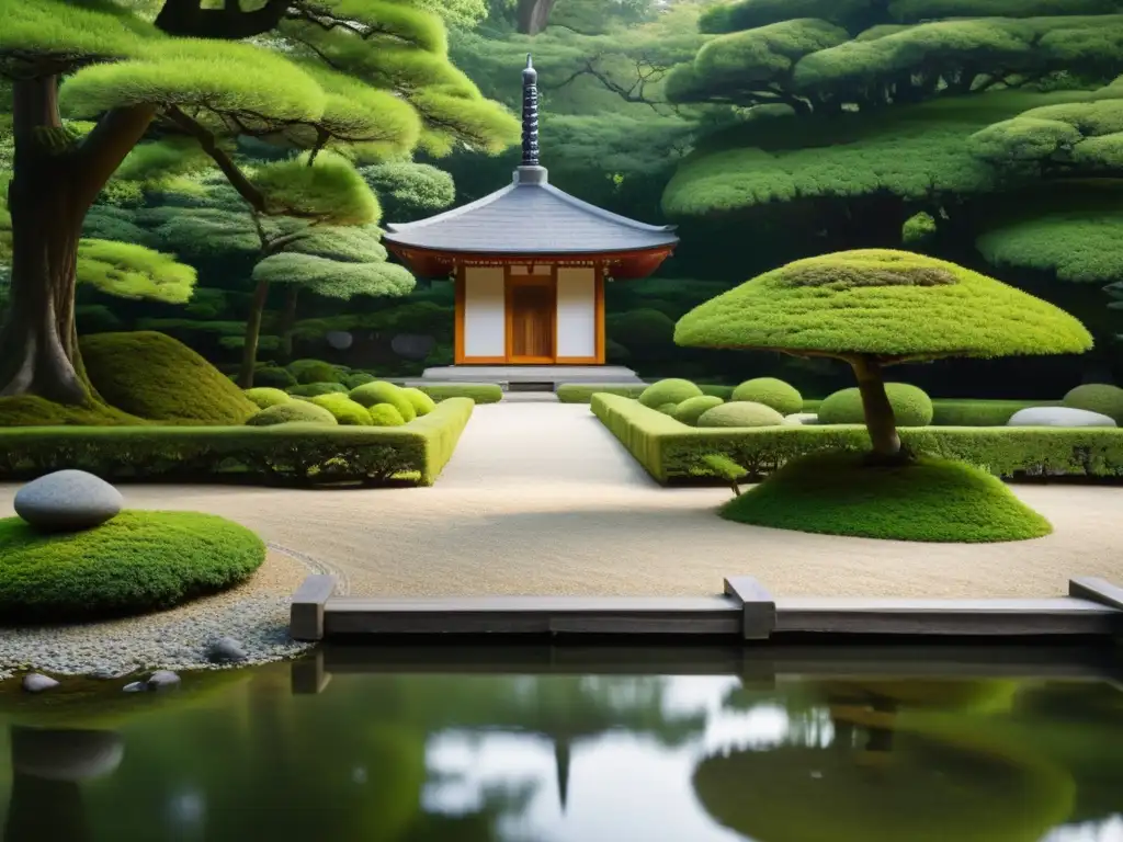 Jardín Zen japonés con pagoda de piedra y estanque tranquilo, evocando liderazgo educativo inspirado en el Zen