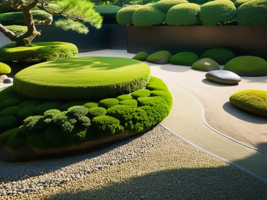 Jardín zen japonés con patrones de rocas y vegetación exuberante