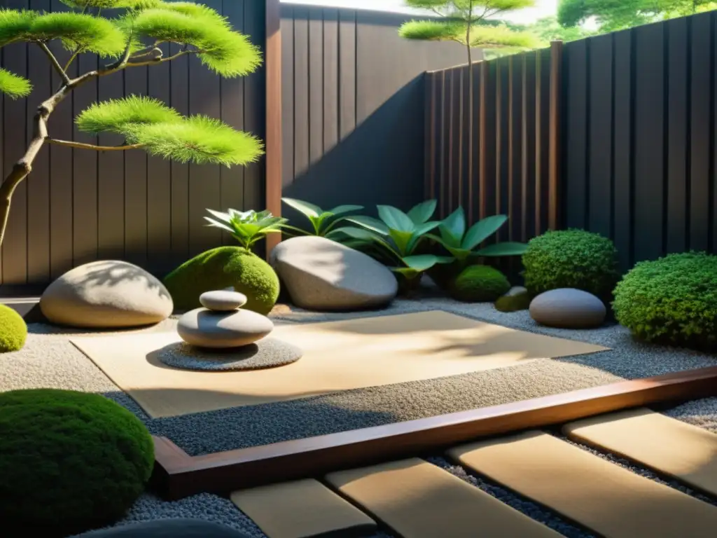 Jardín zen japonés con piedras suaves, banco de madera y vegetación exuberante